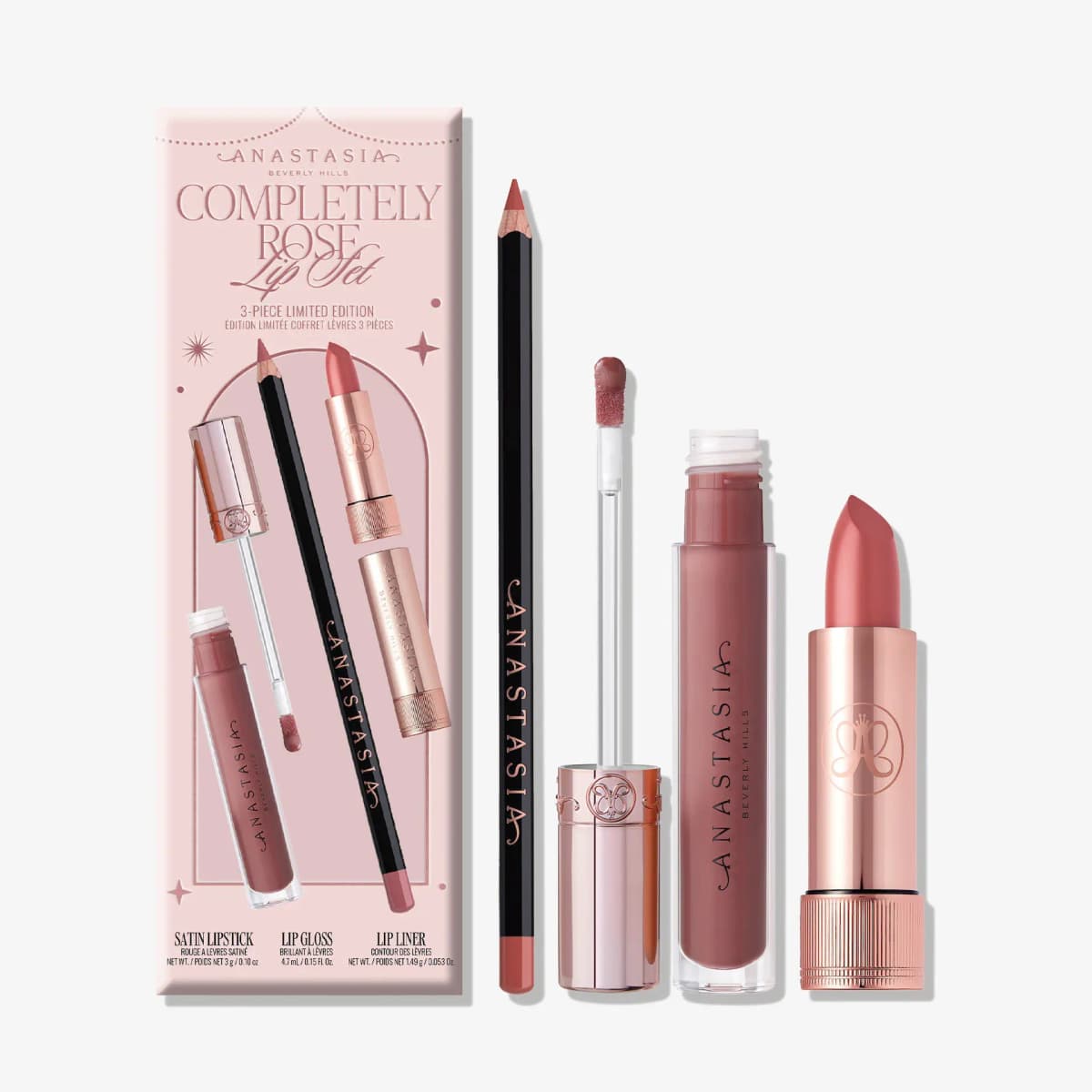 Completely Rose Lip Set box with black lip liner, rosy nude gloss and satin rose lipstick