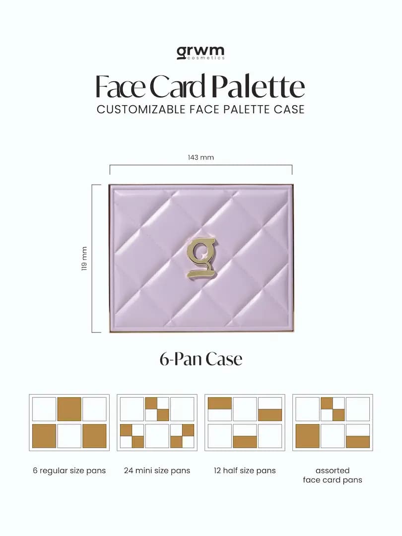 Lavender quilted Face Card Palette 6-pan case, 143 x 119 mm, with diagrams of regular, half, mini and assorted pan layouts