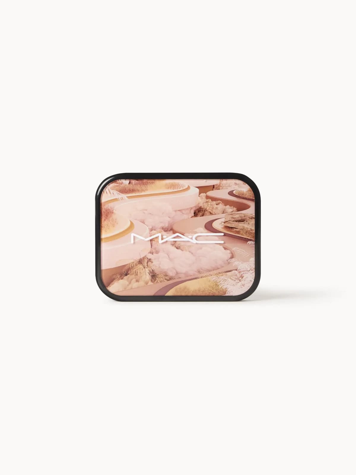 MAC rectangular palette with black rim and a pink dreamy landscape print on the lid