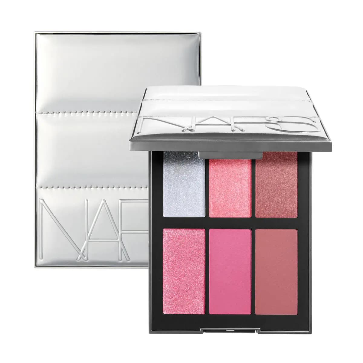 Silver quilted-look compact open to reveal six blush shades ranging from icy shimmer to hot pink and rosy mauve.