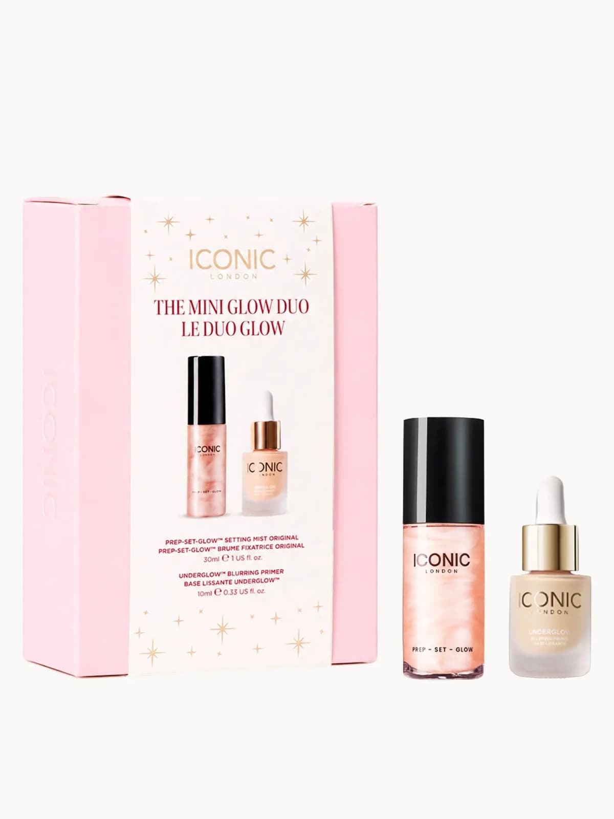 Pink ICONIC London Mini Glow Duo box with shimmering pink setting mist bottle and small Underglow primer dropper