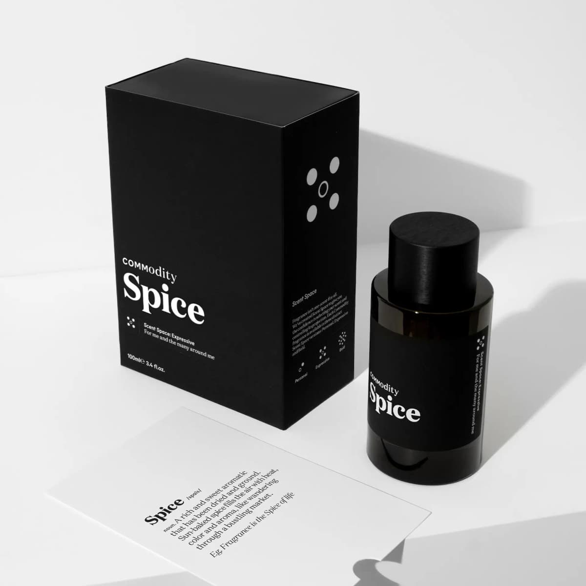 Black Commodity Spice Expressive 100ml box and bottle on white with a card defining 'Spice' as a rich, sweet aromatic