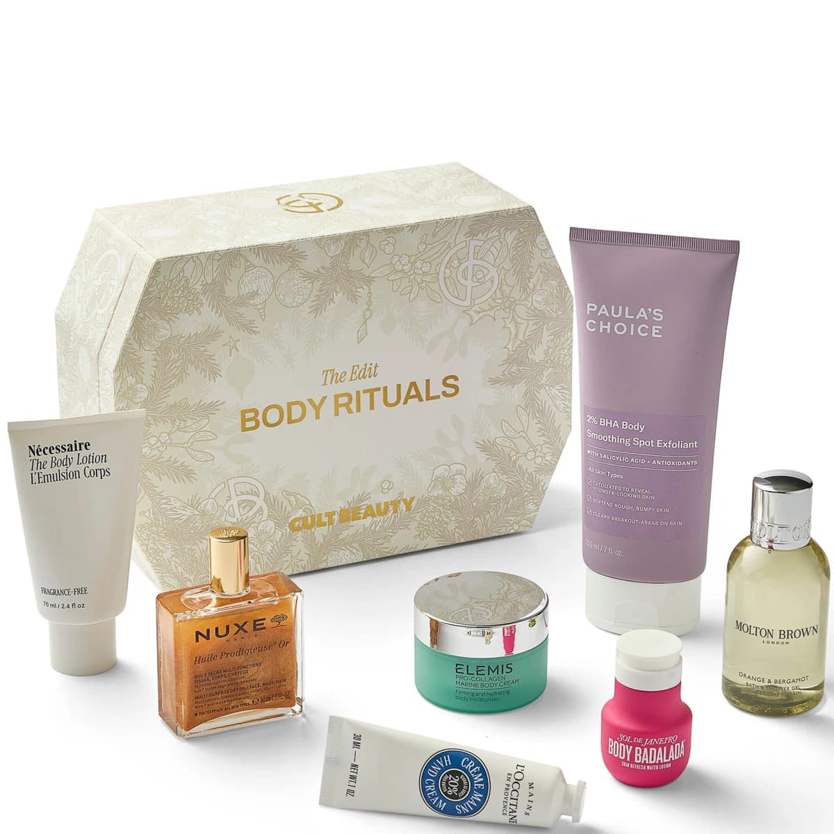 Body Rituals box on white with Nécessaire lotion, Molton Brown Orange & Bergamot gel and L'Occitane hand cream