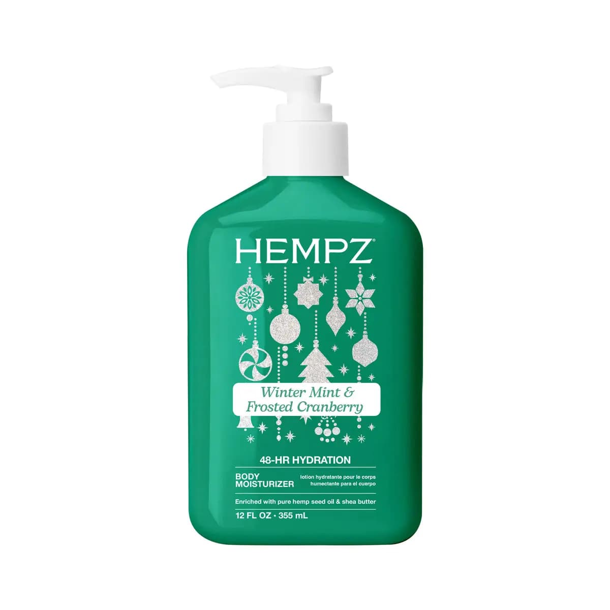 Green Hempz Winter Mint & Frosted Cranberry 12 oz body moisturizer pump bottle with silver ornament graphics