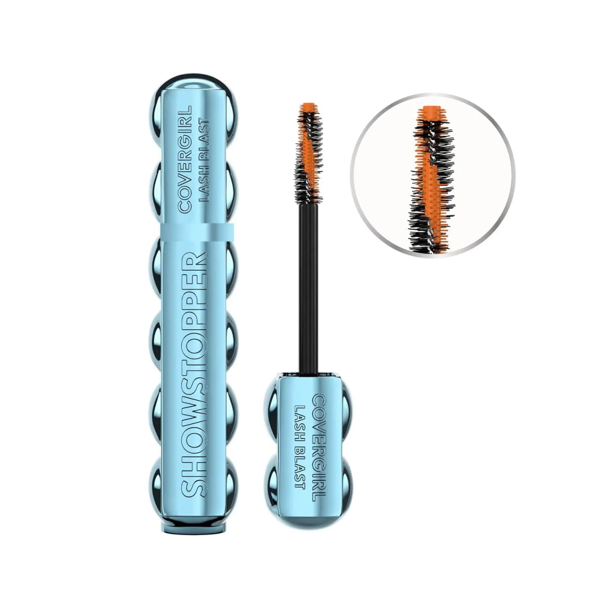 Metallic blue waterproof mascara tube and wand with an inset close-up of the twisted two-tone brush