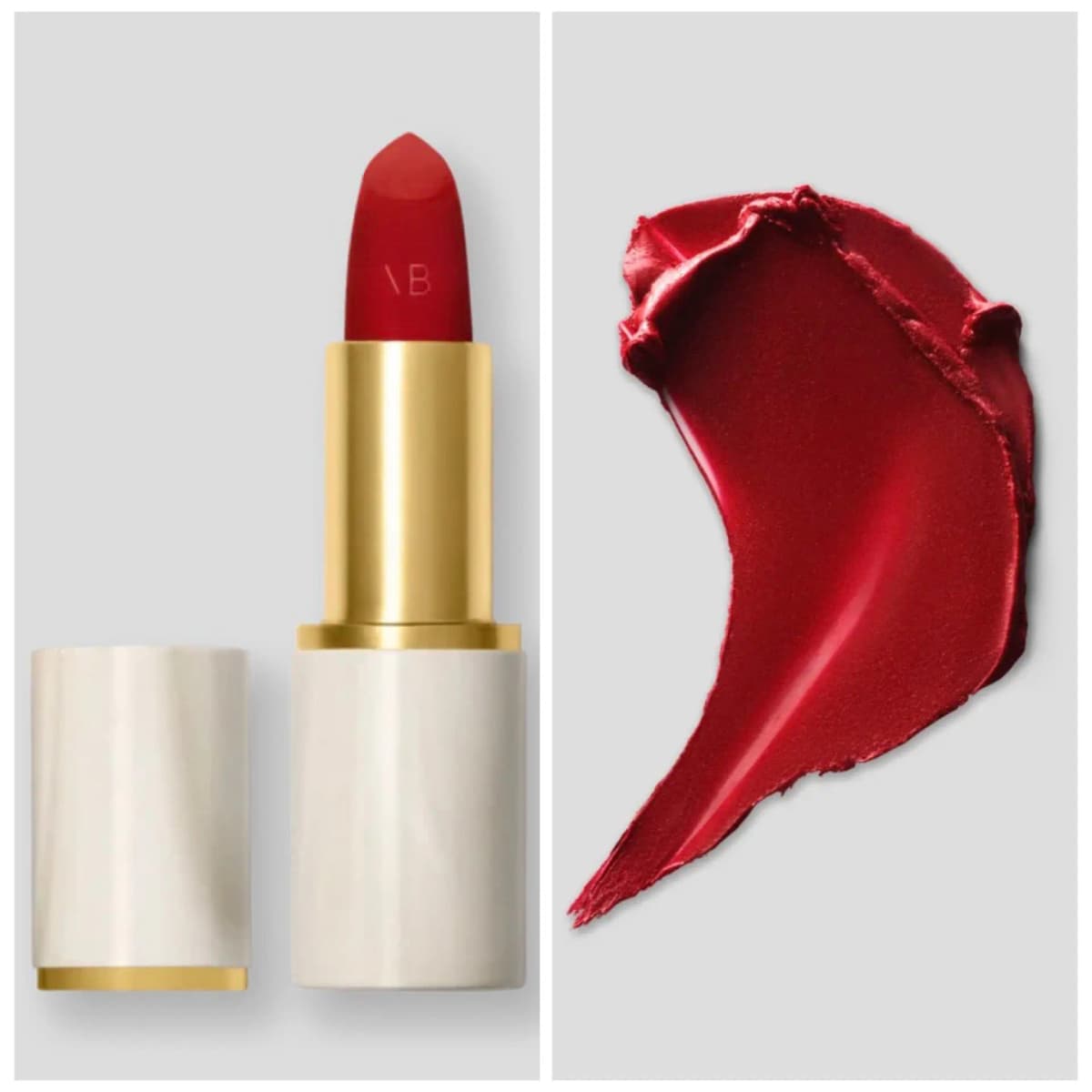 True red VB lipstick in a white marbled case with gold tube, shown next to a rich crimson swatch
