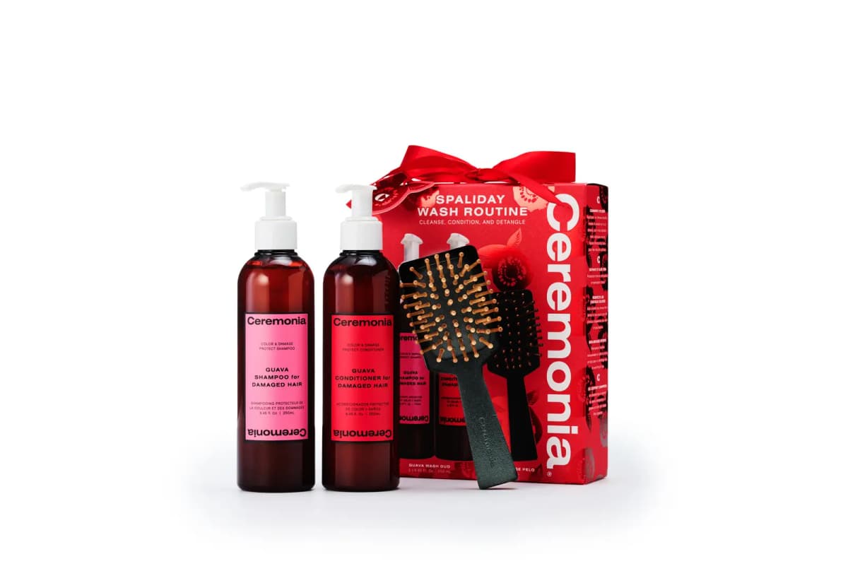 Pink-label shampoo and red-label conditioner pump bottles beside a black paddle brush and red Spaliday box with a bow