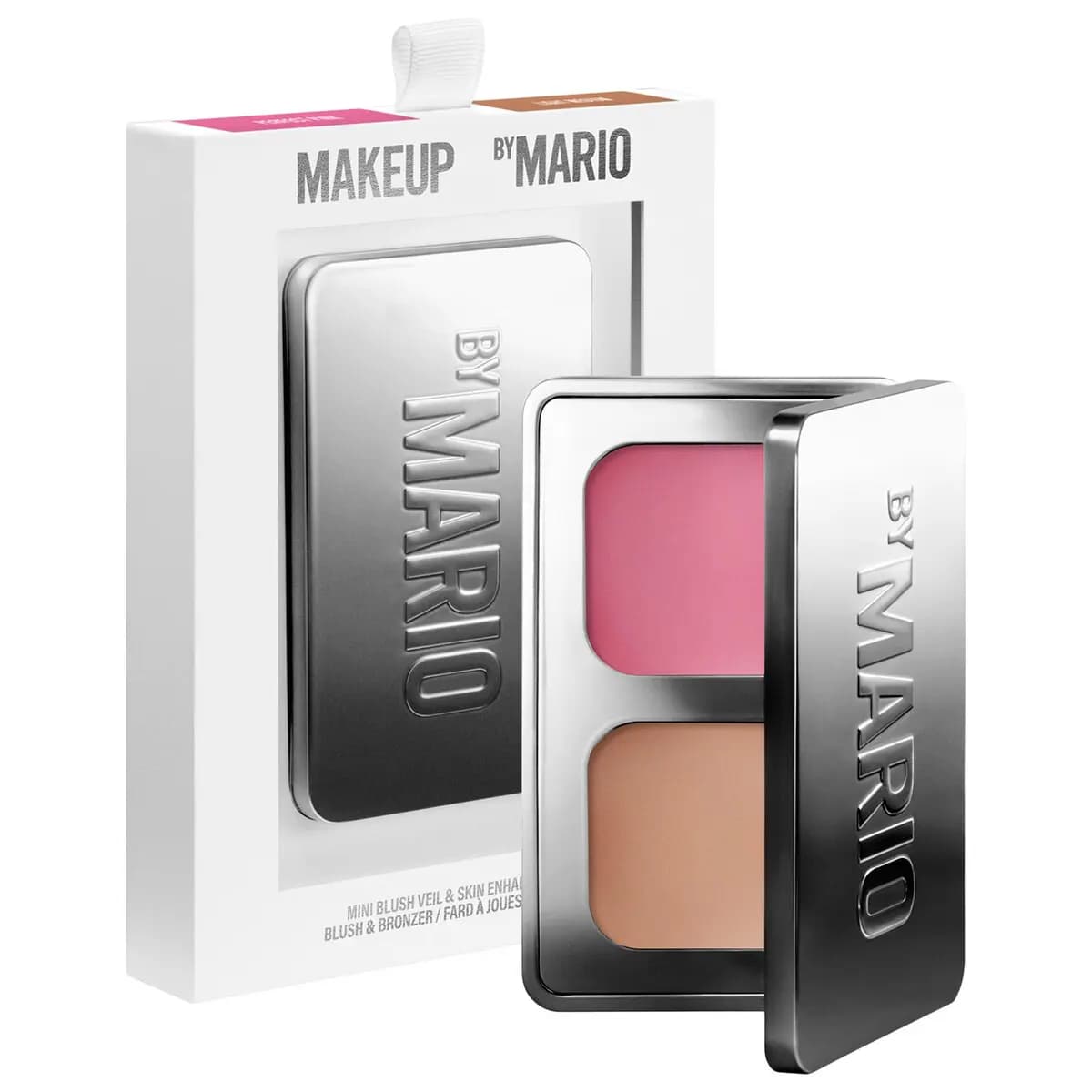 Makeup By Mario Mini Blush Veil & Skin Enhancer Duo compact with pink blush and bronzer shown beside white box packaging.
