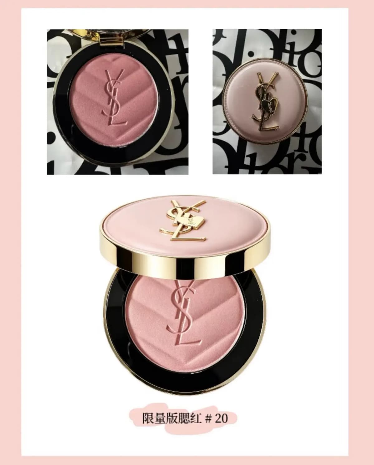 YSL limited-edition blush #20 in rosy pink with embossed YSL logo, shown open and in a pink compact with gold heart charm