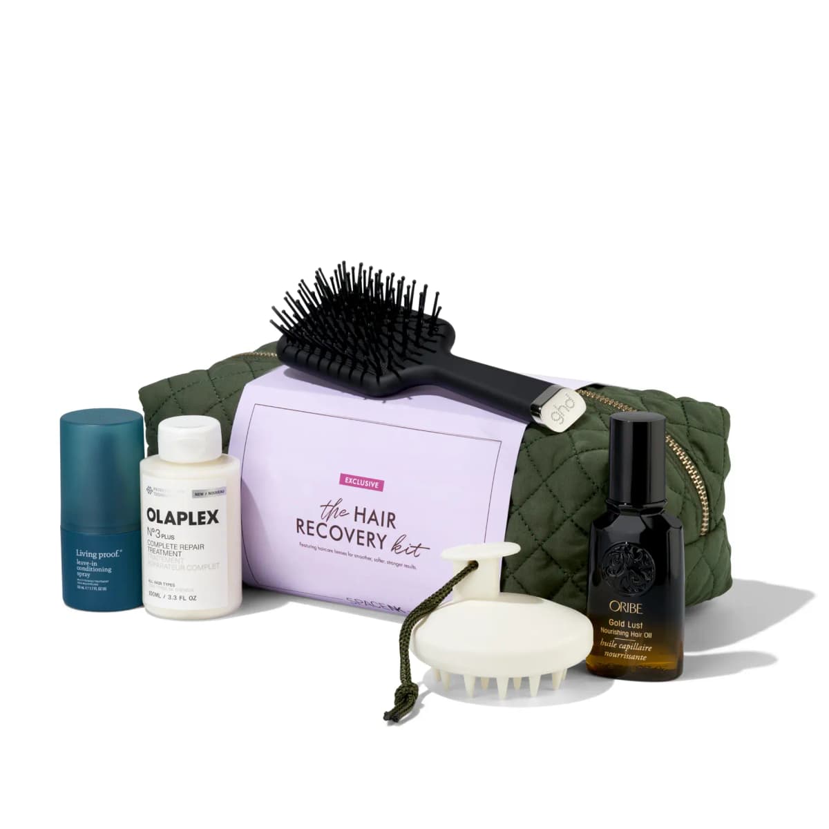 Hair Recovery Kit in green quilted bag with lilac sleeve, ghd brush, Living Proof, Olaplex No.3, Oribe oil, scalp massager