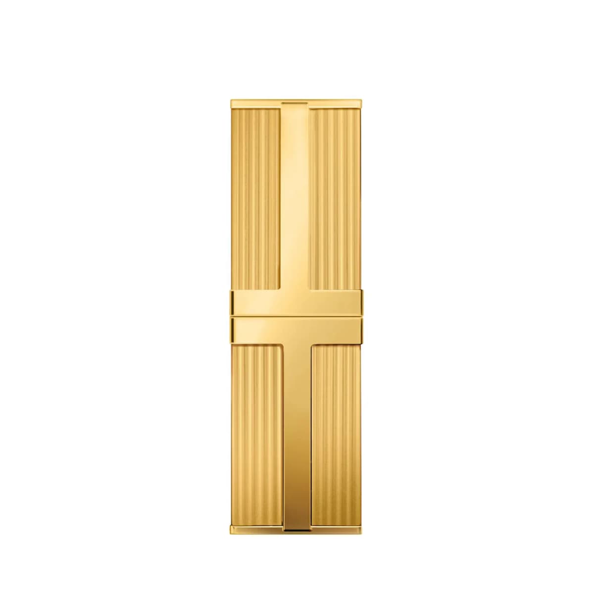 All-gold lipstick case with fluted gold panels and a polished gold T bar, standing upright on white