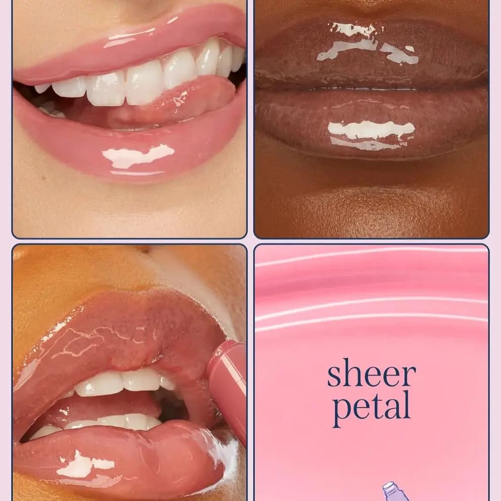Glossy pink lips on three models beside a pink swatch labelled sheer petal