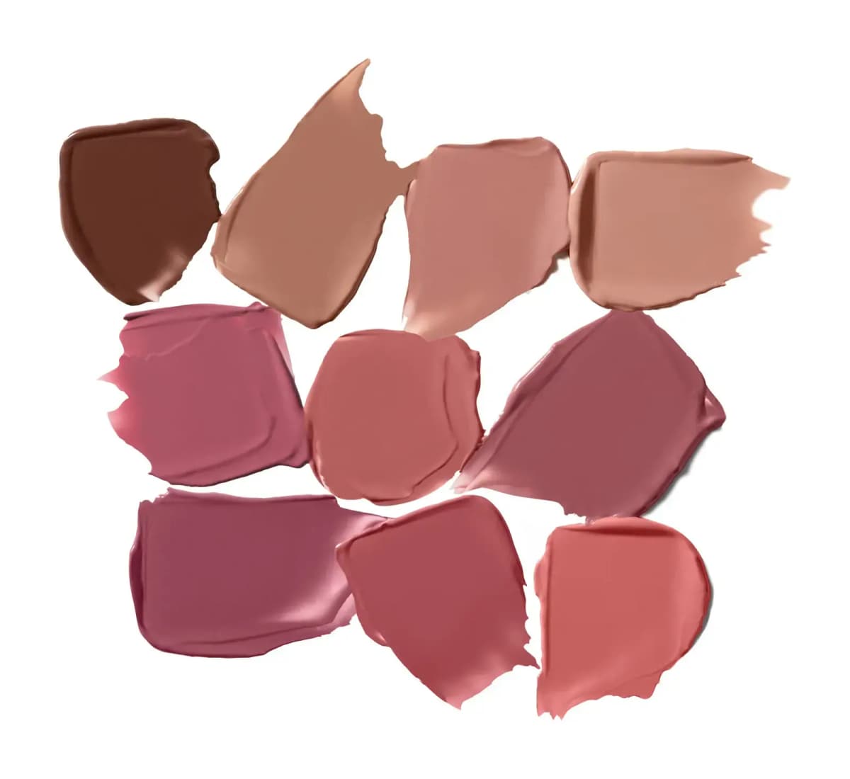 Grid of ten creamy lipstick swatches from chocolate brown and beige nudes to mauve, rose and coral pinks