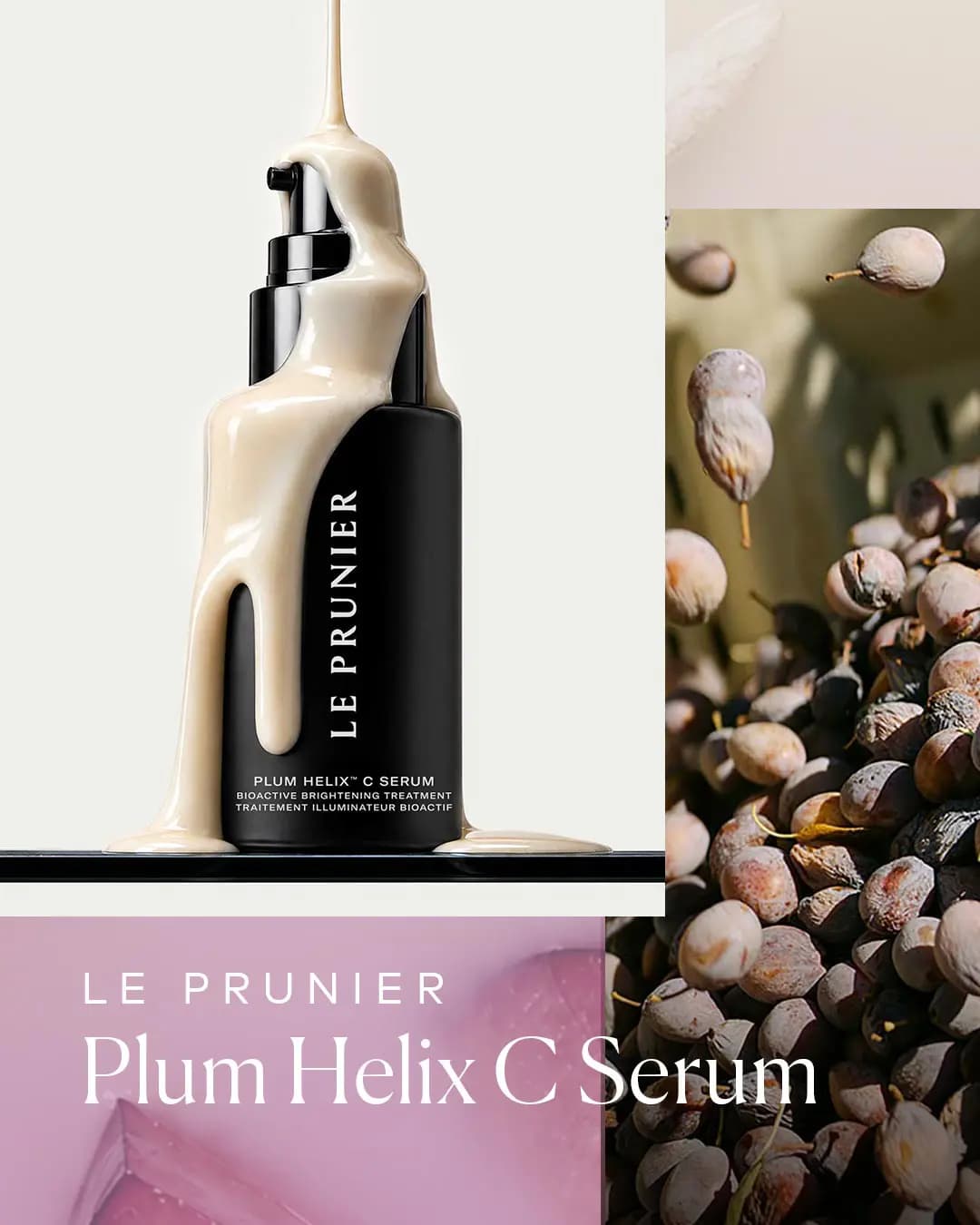 Le Prunier Plum Helix C Serum bottle draped in dripping milky cream, beside a collage of dried plums and a pink panel