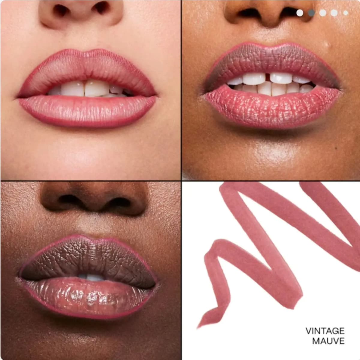 Vintage Mauve dusty rose liner defining lips on three skin tones, with a zigzag swatch on white