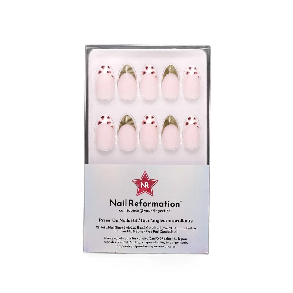 Nail Reformation Olive Safari kit with nude almond nails topped by olive tips and white tips with red-brown spots.