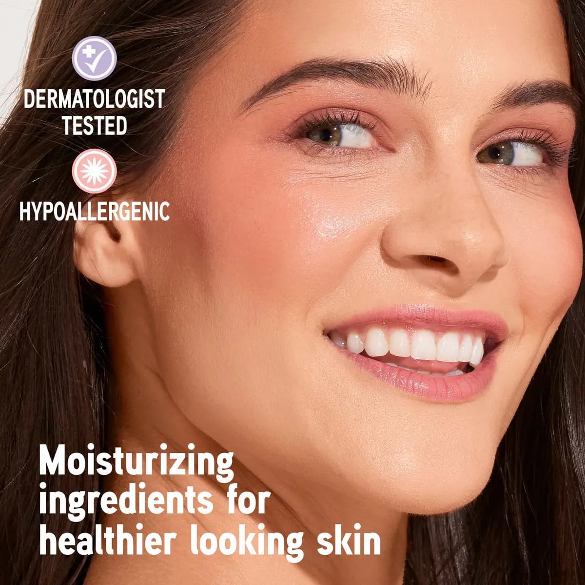 Smiling brunette model with natural rosy blush and glossy skin, dermatologist and hypoallergenic icons on left