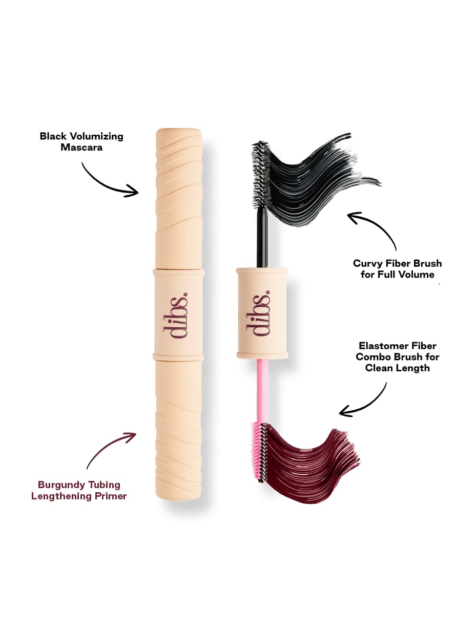 Labelled diagram of the duo: black volumizing mascara and burgundy tubing lengthening primer with their brush swatches