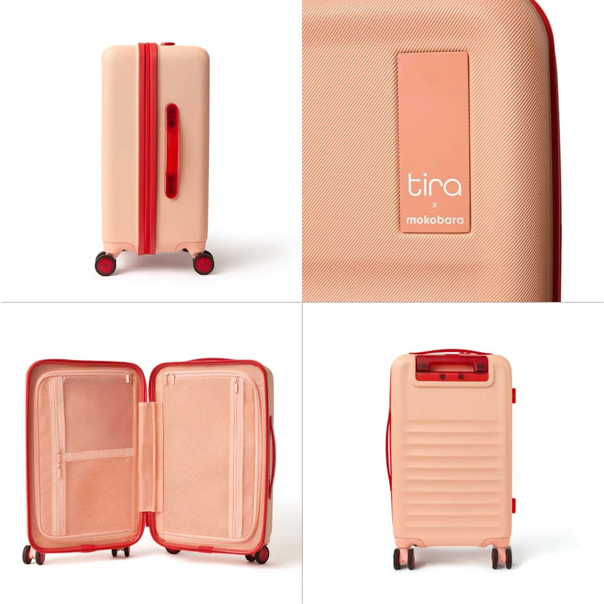 Four-panel grid: suitcase side view, close-up of the Tira x mokobara logo, empty open interior and back view