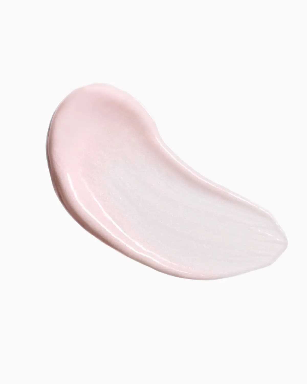 Swatch of pale pink lotion with a glossy, finely shimmering pearlescent texture on white
