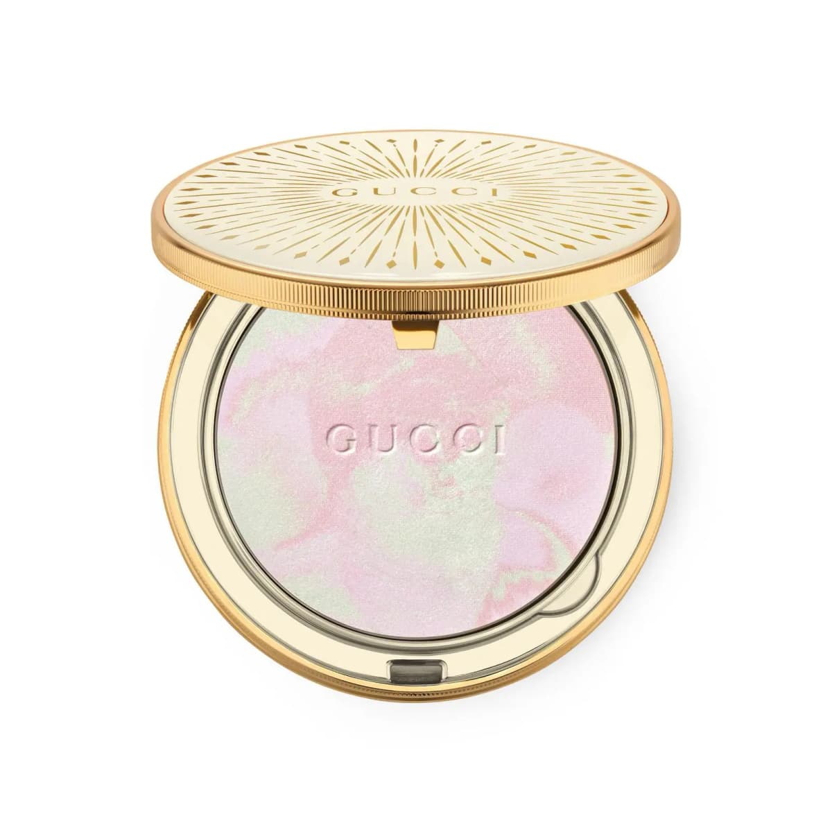 Gucci Glow Color Finishing Powder compact open, showing a marbled pink and mint pan under an ivory and gold sunburst lid