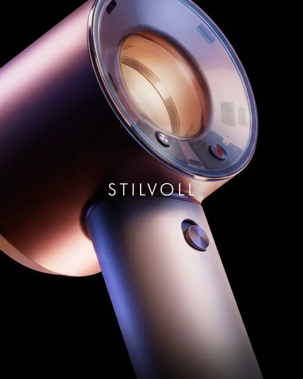 Close-up of the Supersonic Travel hair dryer in dark studio light, with the word "STILVOLL"