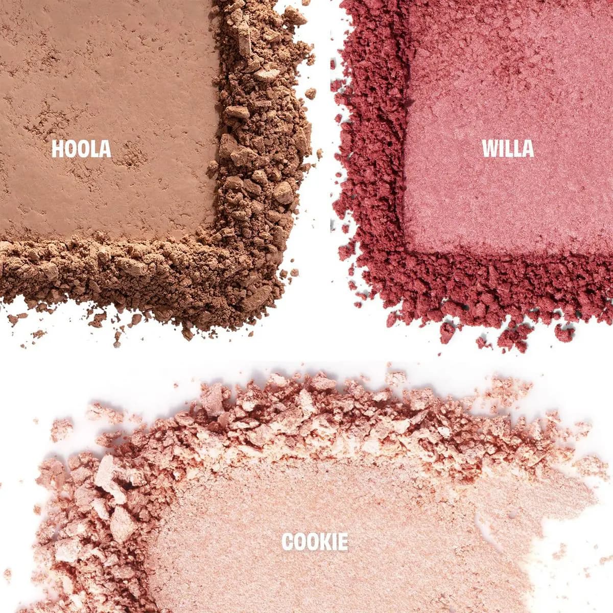 Crushed powder swatches of Hoola matte bronzer, Willa rosy blush and Cookie shimmering highlighter