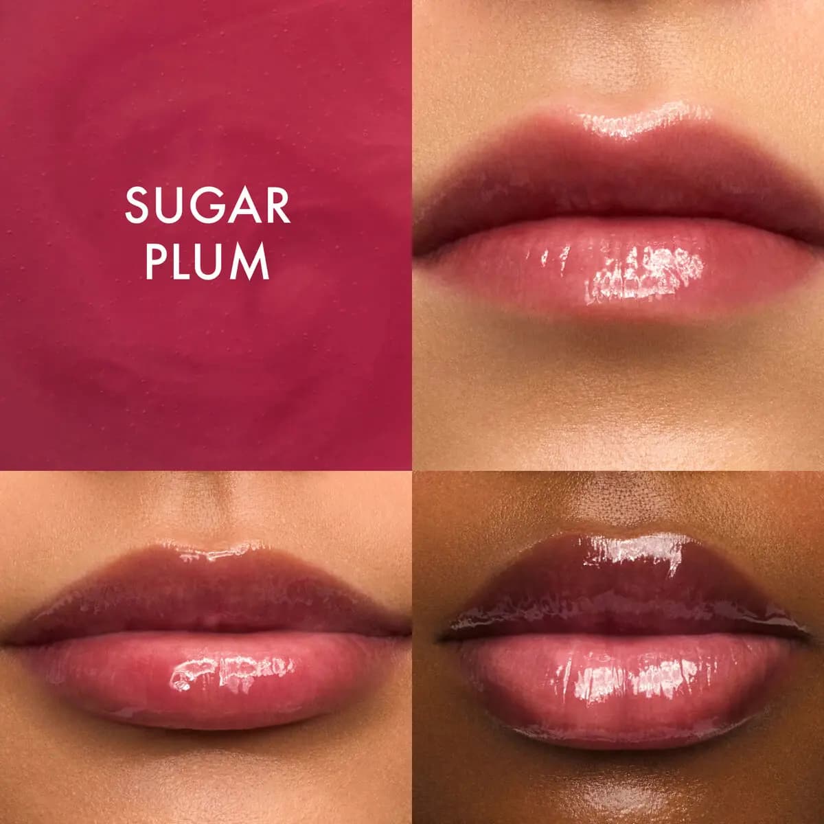 Sugar Plum berry swatch beside three close-ups of glossy plum-tinted lips on light, medium and deep skin tones