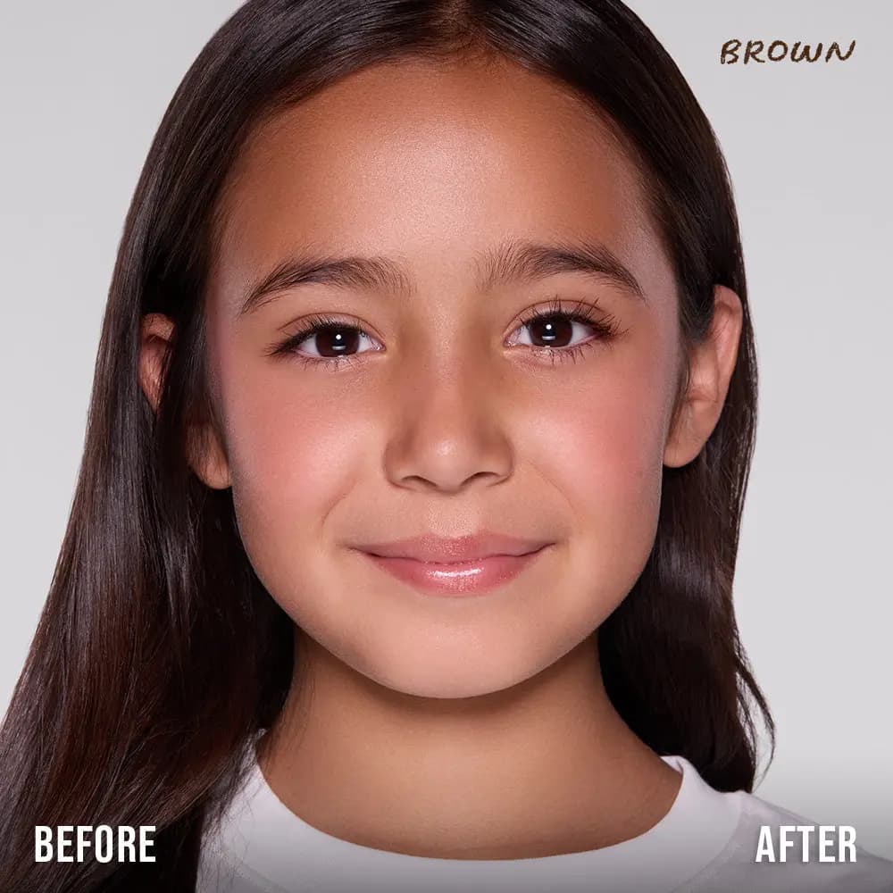 Before-and-after of a model with long dark hair showing the Brown shade on the lashes