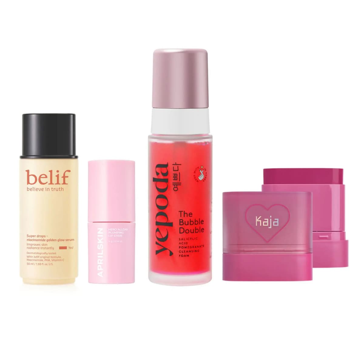 Belif serum, pink Aprilskin lip stain, red Yepoda The Bubble Double foam and pink Kaja stick side by side