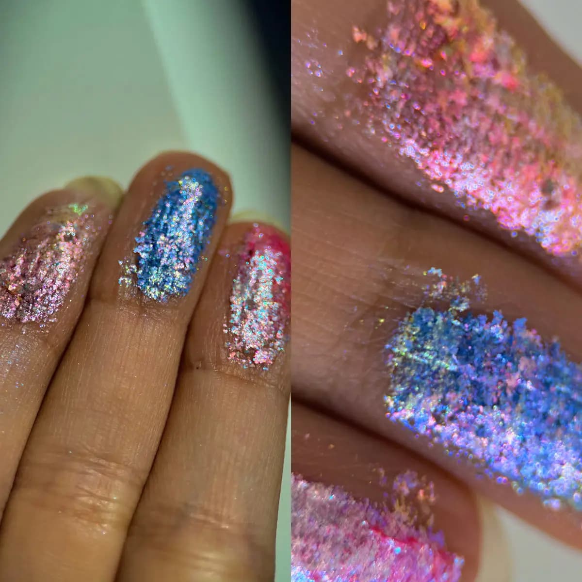 Pink, blue and hot-pink sparkly multichrome eyeshadow finger swatches, with a close-up view