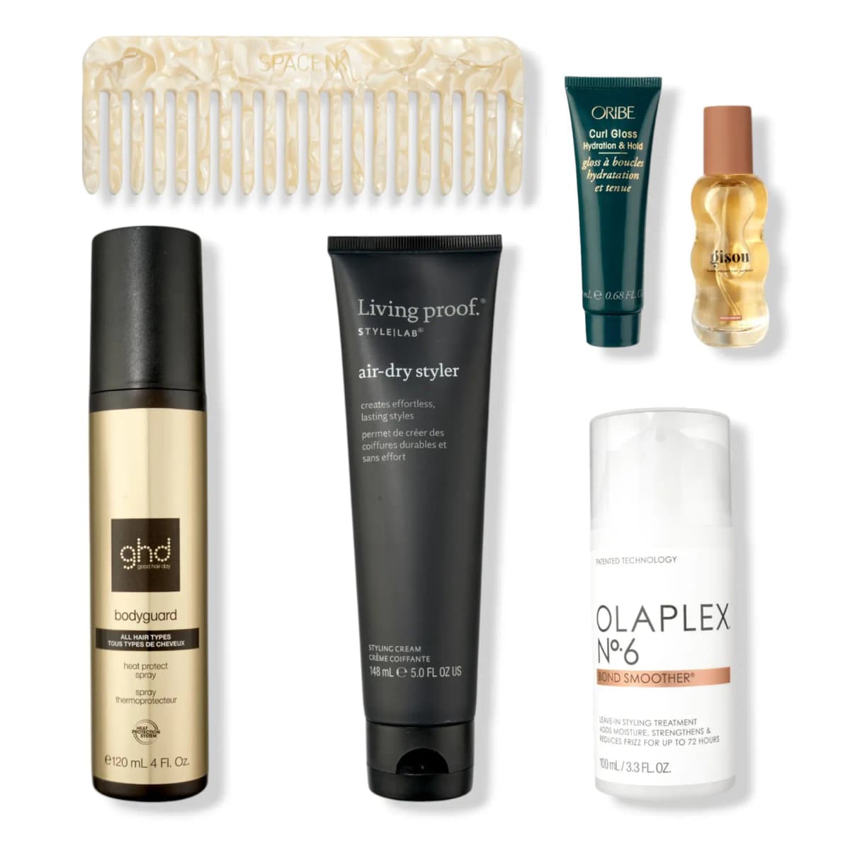 Pearly Space NK comb, ghd bodyguard spray, Living Proof air-dry styler, Oribe Curl Gloss, Gisou mist and Olaplex No.6