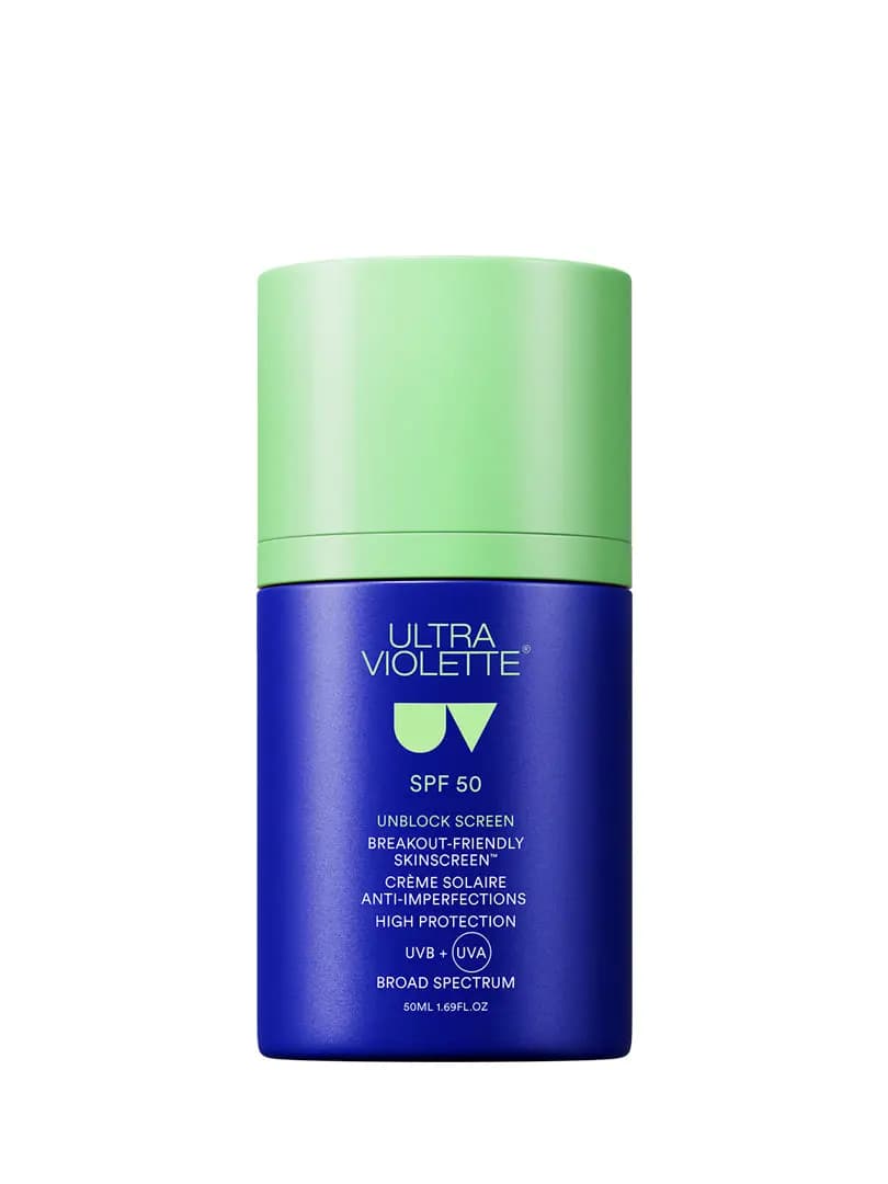Ultra Violette Unblock Screen SPF 50 in a cobalt-blue jar with a mint-green lid, labelled broad spectrum UVB + UVA, 50ml