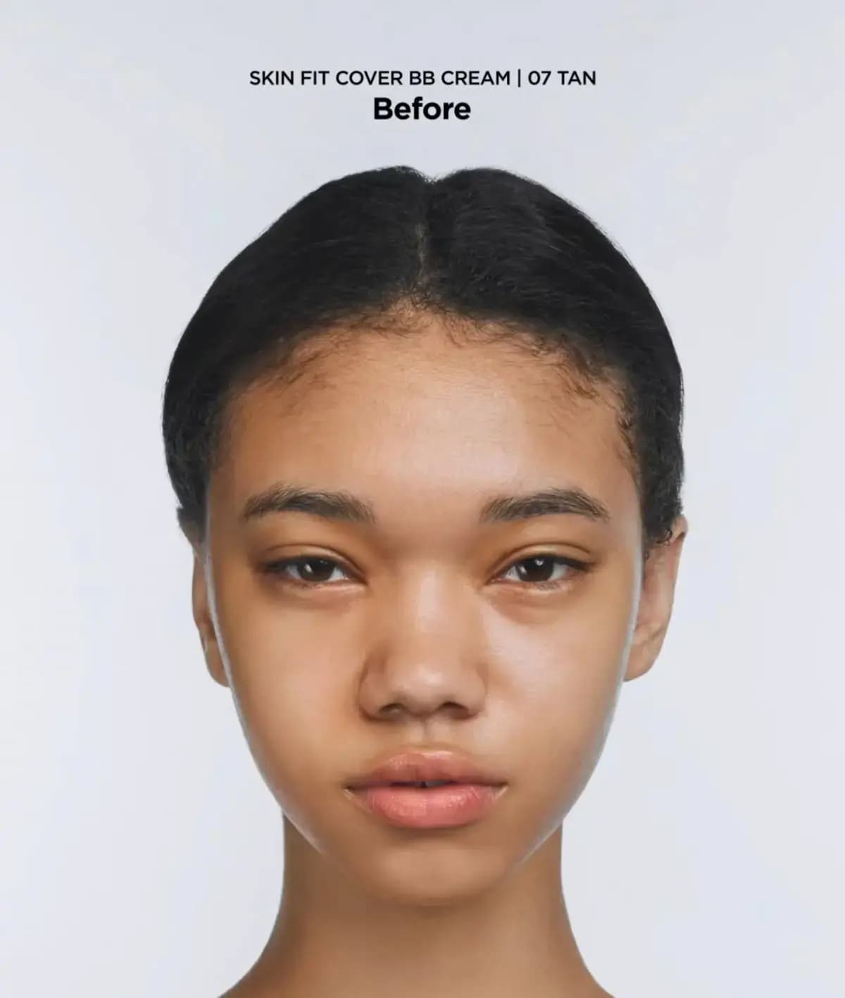 Before shot for shade 07 Tan: model with medium-deep bare skin, slight unevenness and hair pulled back