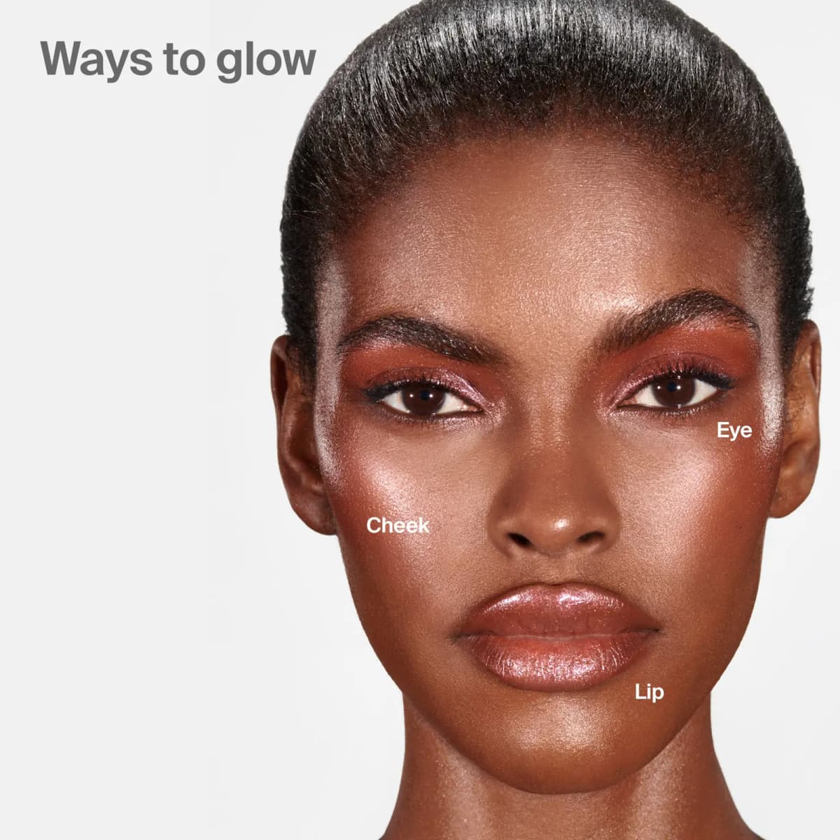 Model with glowing cheeks, shimmery eyes and glossy lips labelled Eye, Cheek and Lip under "Ways to glow"