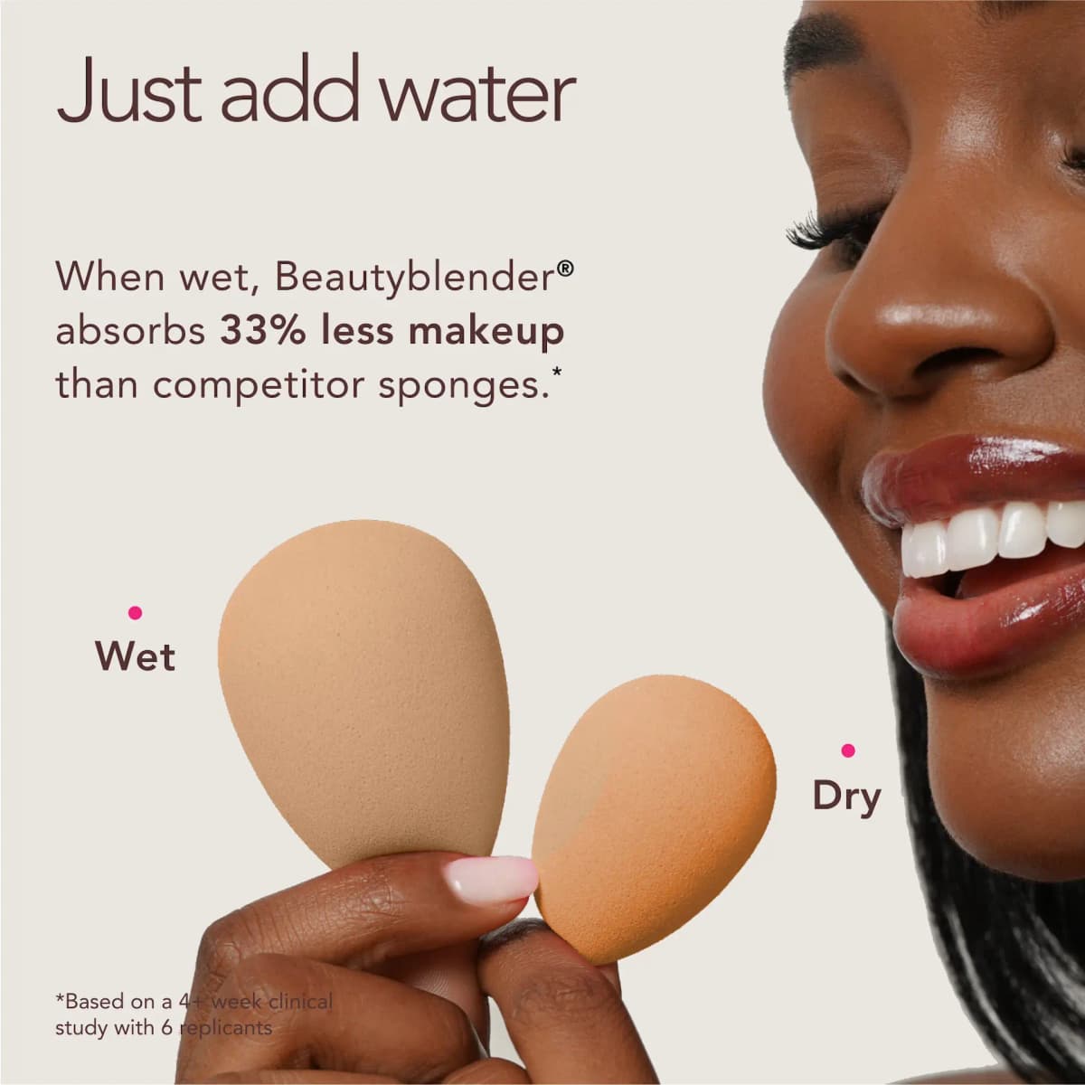 Model holds wet and dry nude sponges beside Just add water text claiming 33% less makeup absorbed