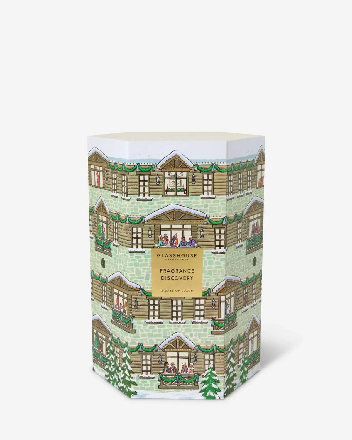 Hexagonal chalet-illustrated box labelled Glasshouse Fragrances Fragrance Discovery 12 Days of Luxury