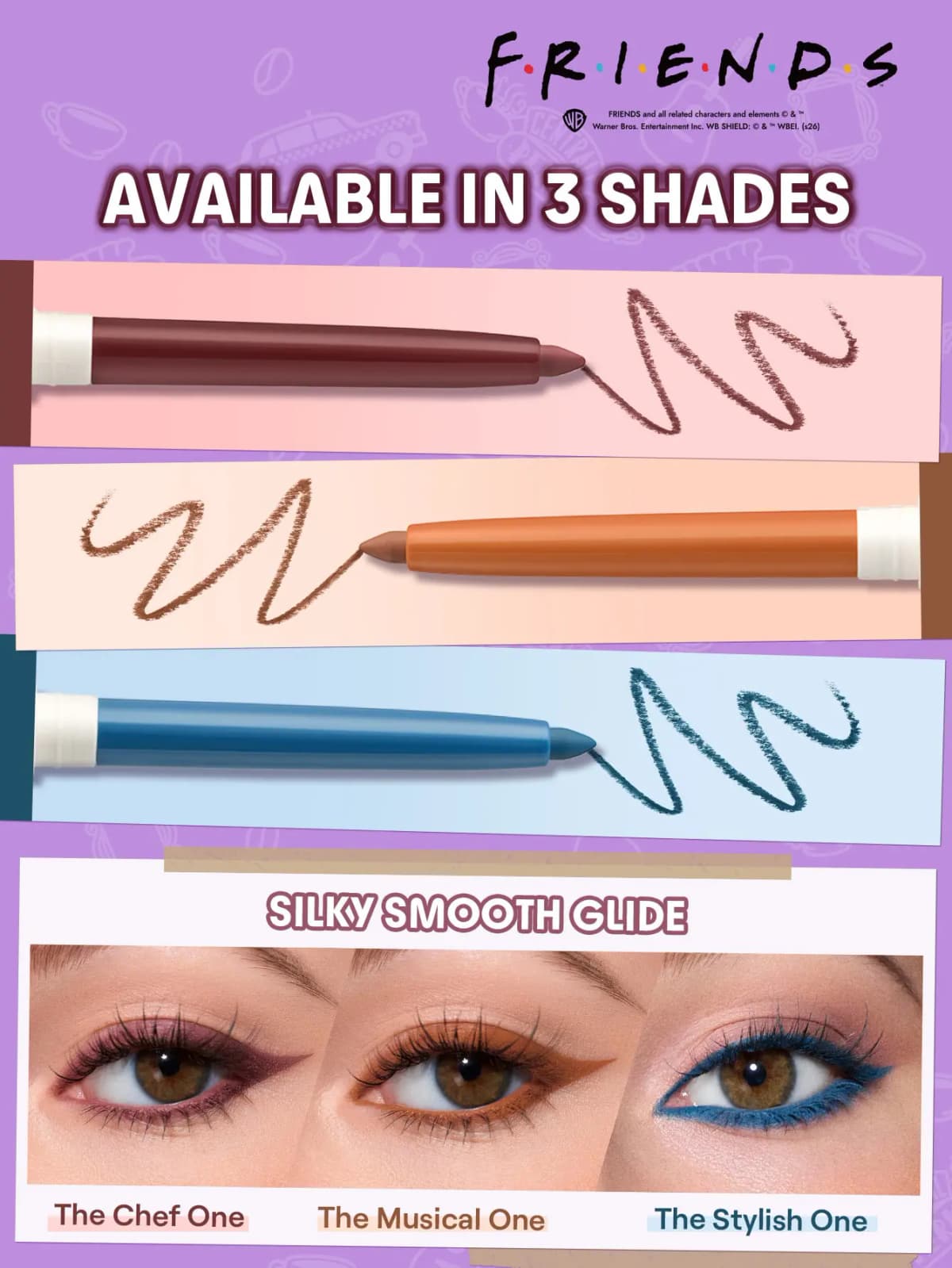 Three kohl eyeliners in burgundy, orange and blue with scribbles and eye looks: The Chef One, Musical One, Stylish One