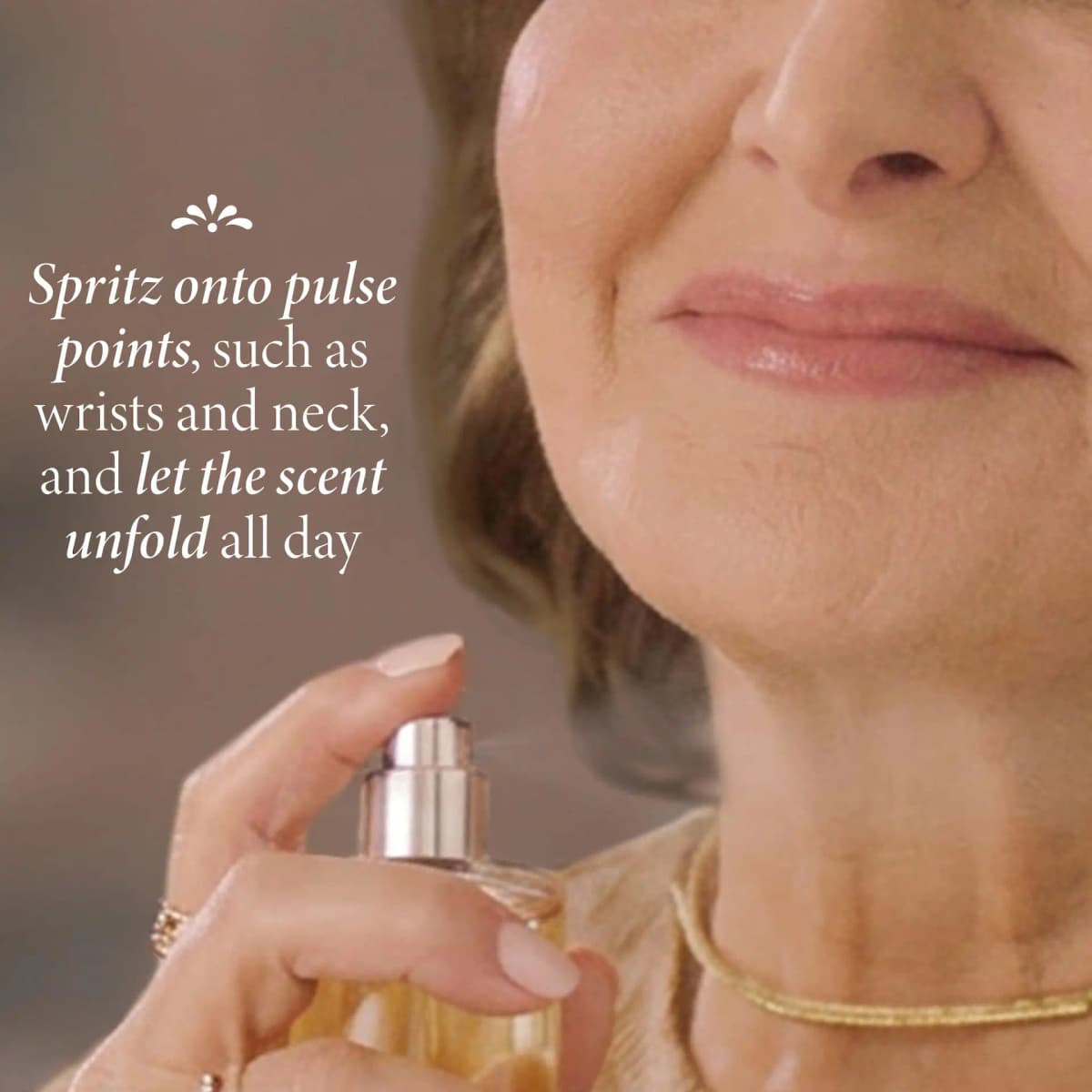 Close-up of a woman spritzing fragrance at her neck, with text advising application to pulse points