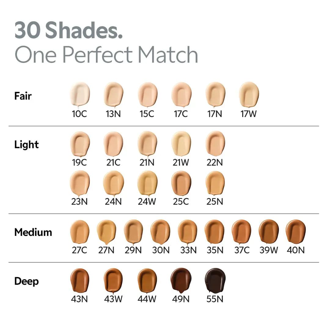 Chart of 30 cushion shade blobs grouped Fair, Light, Medium and Deep, from 10C to 55N.