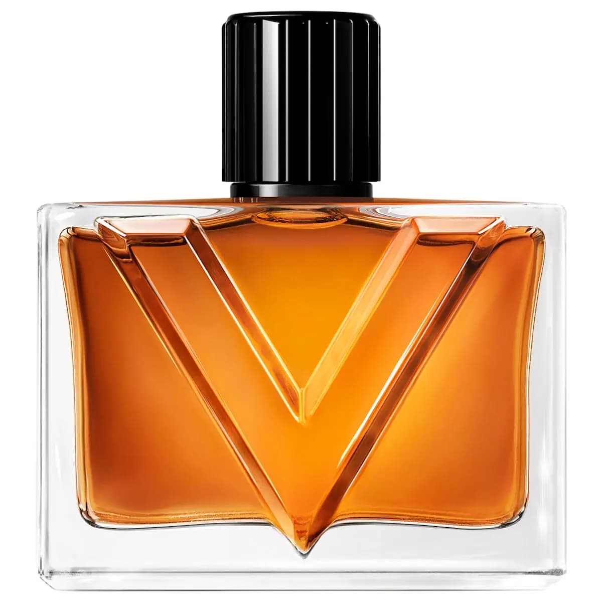 Vendetta Uomo bottle filled with amber-orange juice, embossed V design and glossy black ribbed cap