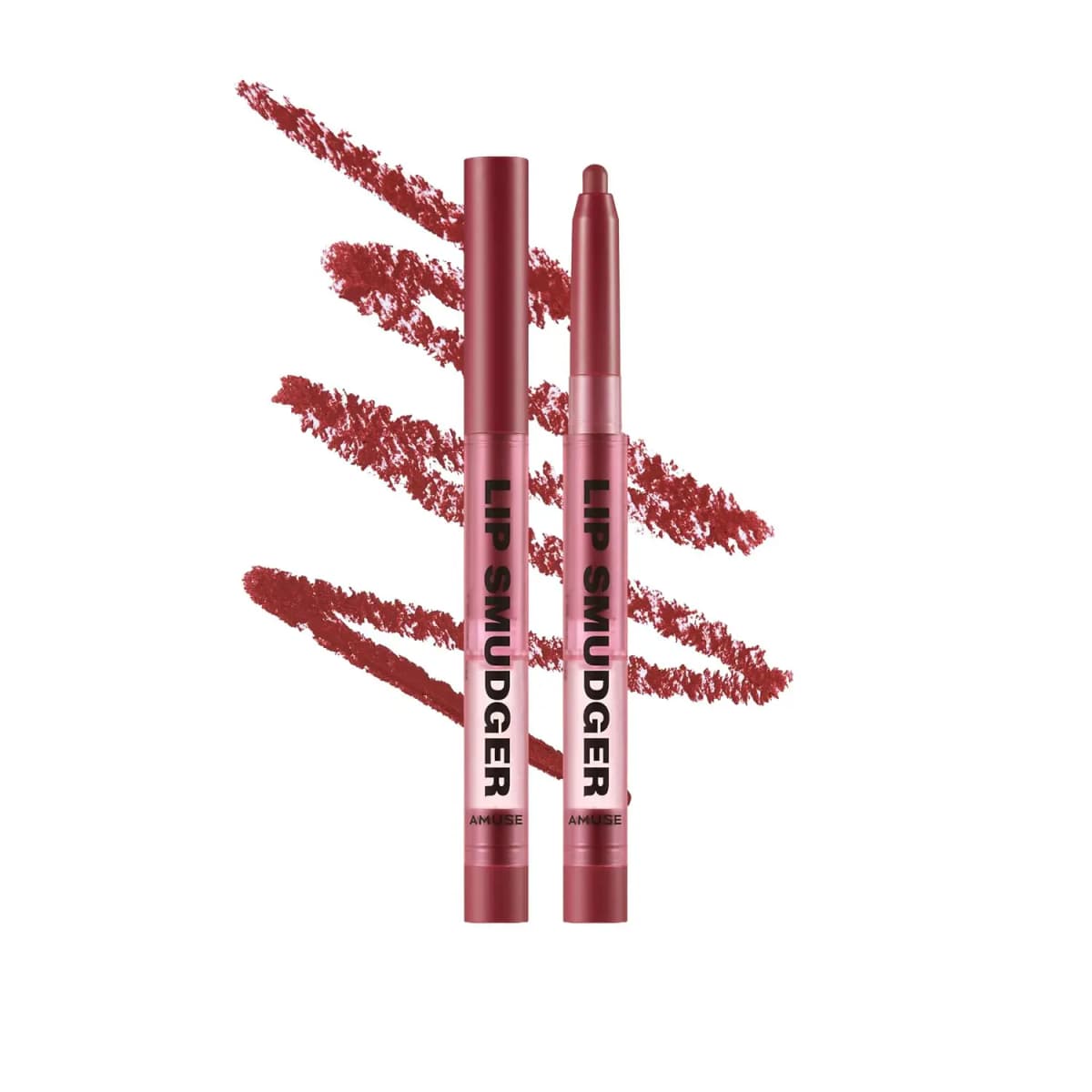 Two Lip Smudger pencils in mauve-pink packaging with a deep red swatch behind them on white background