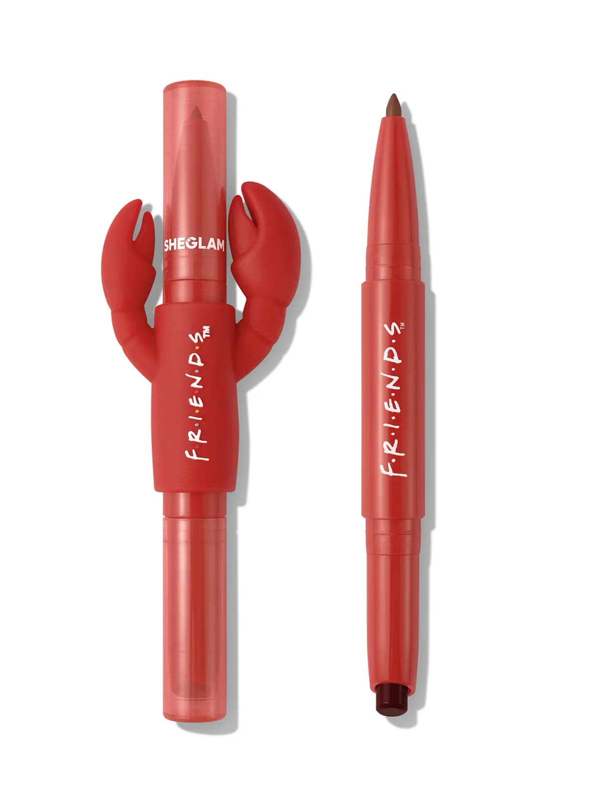 My Lobster dual-ended lip liner and lipstick duo in red with a lobster-claw topper and FRIENDS logo