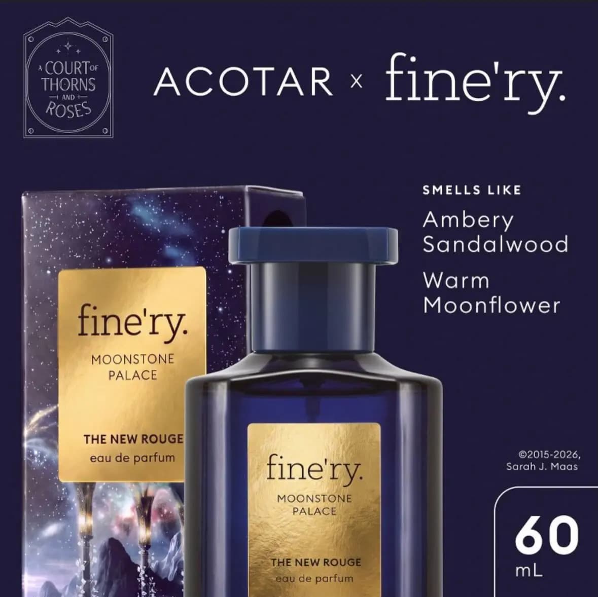 Blue Moonstone Palace bottle with gold label beside starry box, notes listed as Ambery Sandalwood and Warm Moonflower