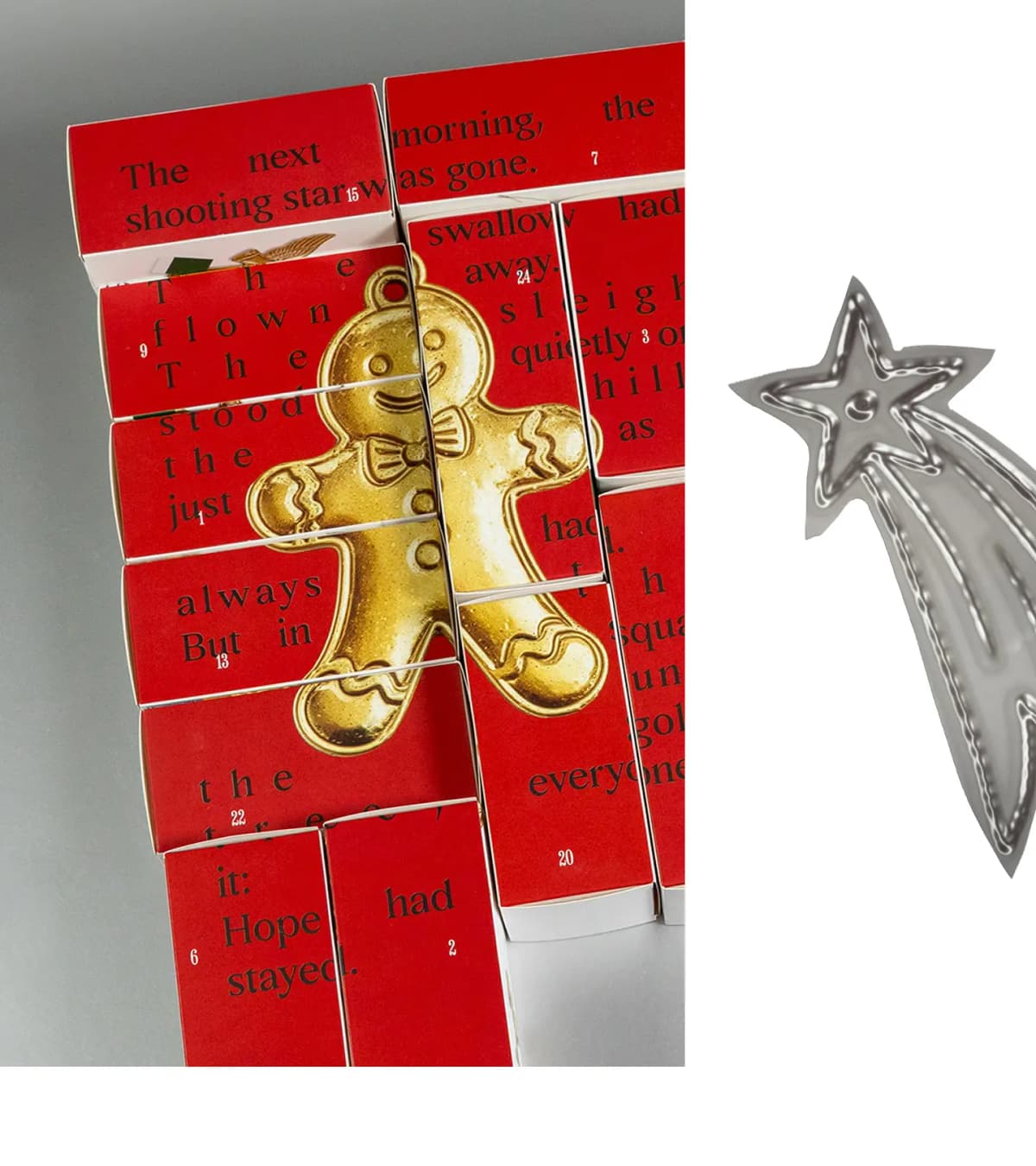 Red boxes rearranged into a gold gingerbread man and story text, beside an embossed silver shooting star
