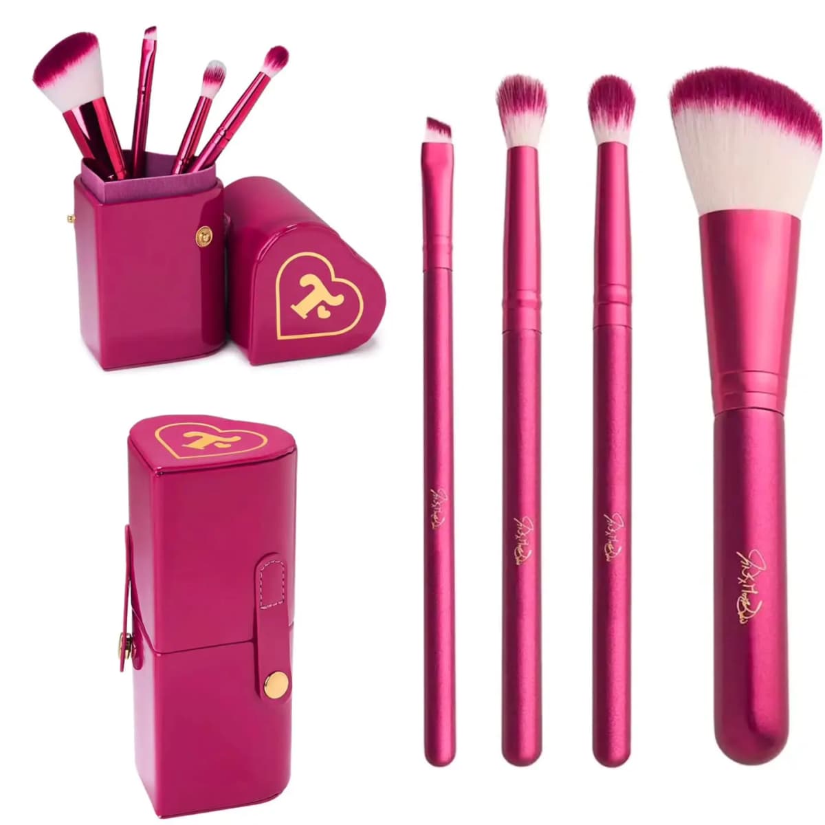 Four magenta-handled brushes with a matching heart-topped case bearing a gold T logo