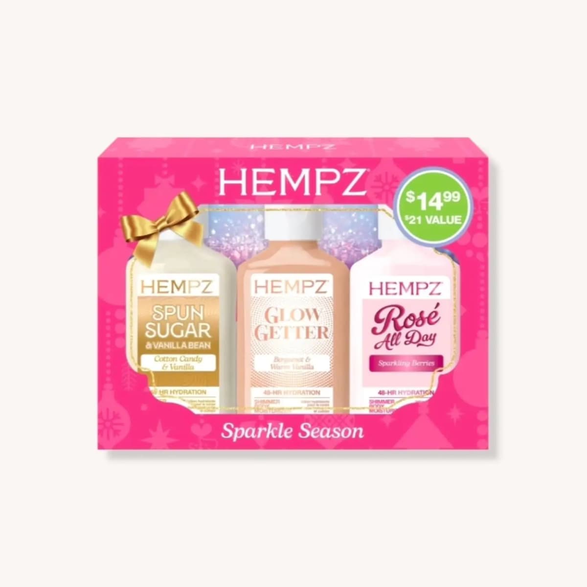 Pink Hempz Sparkle Season gift box featuring Spun Sugar, Glow Getter, and Rosé All Day bottles with $14.99 sticker