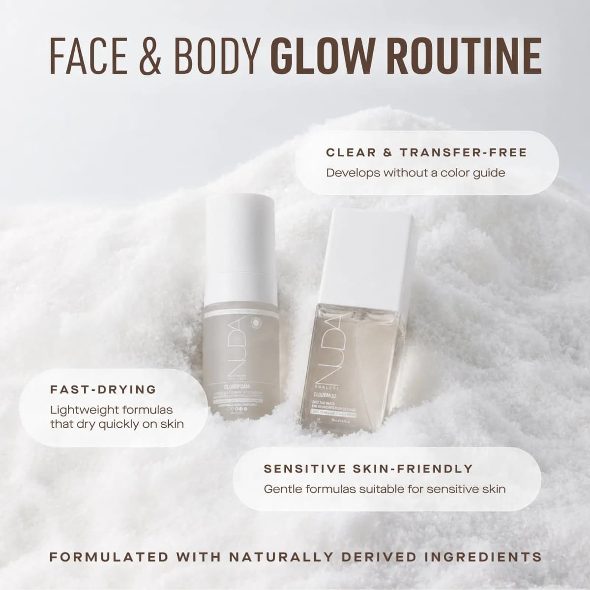 CloudFoam and CloudMist bottles in white crystals with clear, fast-drying, sensitive skin-friendly callouts.