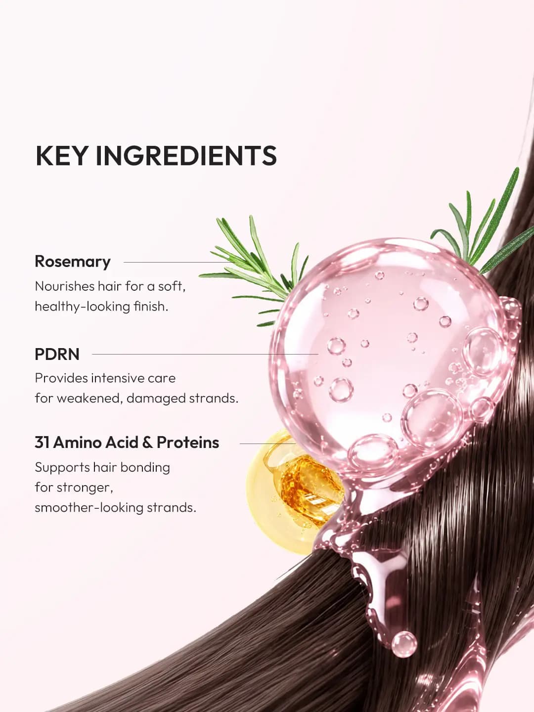 Key ingredients graphic showing rosemary sprigs, a pink oil bubble and a golden droplet over smooth brown hair