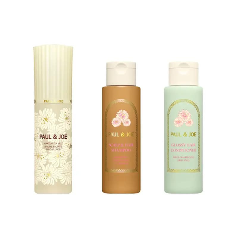 Paul & Joe Makeup Fix Mist with daisy print beside amber Scalp & Hair Shampoo and mint Glossy Hair Conditioner